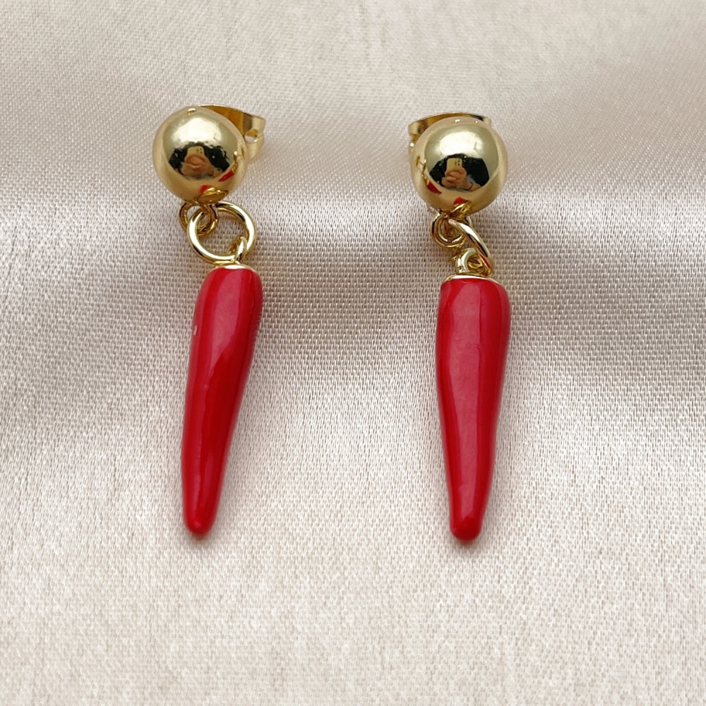 Oro Laminado Dangle Earring, Gold Filled Style Chili Design, Red Enamel Finish, Golden Finish