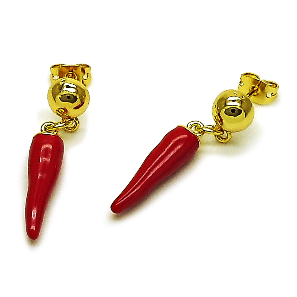 Oro Laminado Dangle Earring, Gold Filled Style Chili Design, Red Enamel Finish, Golden Finish