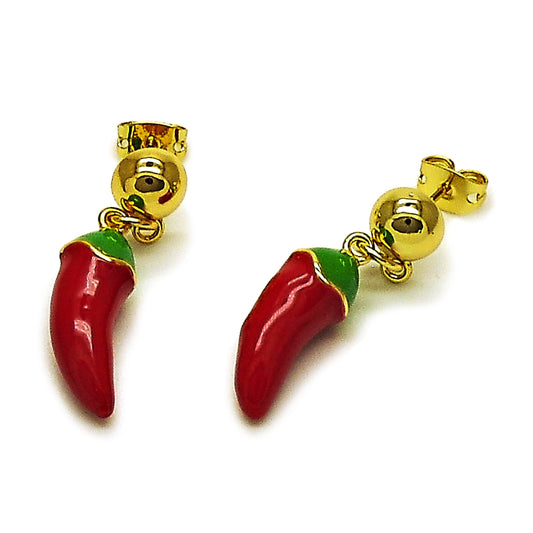 Oro Laminado Dangle Earring, Gold Filled Style Chili Design, Red Enamel Finish, Golden Finish