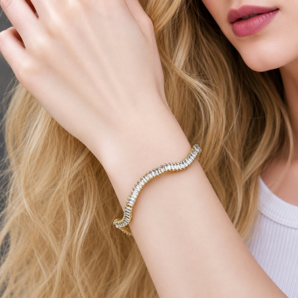 Oro Laminado Tennis Bracelet, Gold Filled Style Baguette Design, with White Cubic Zirconia, Polished, Golden Finish