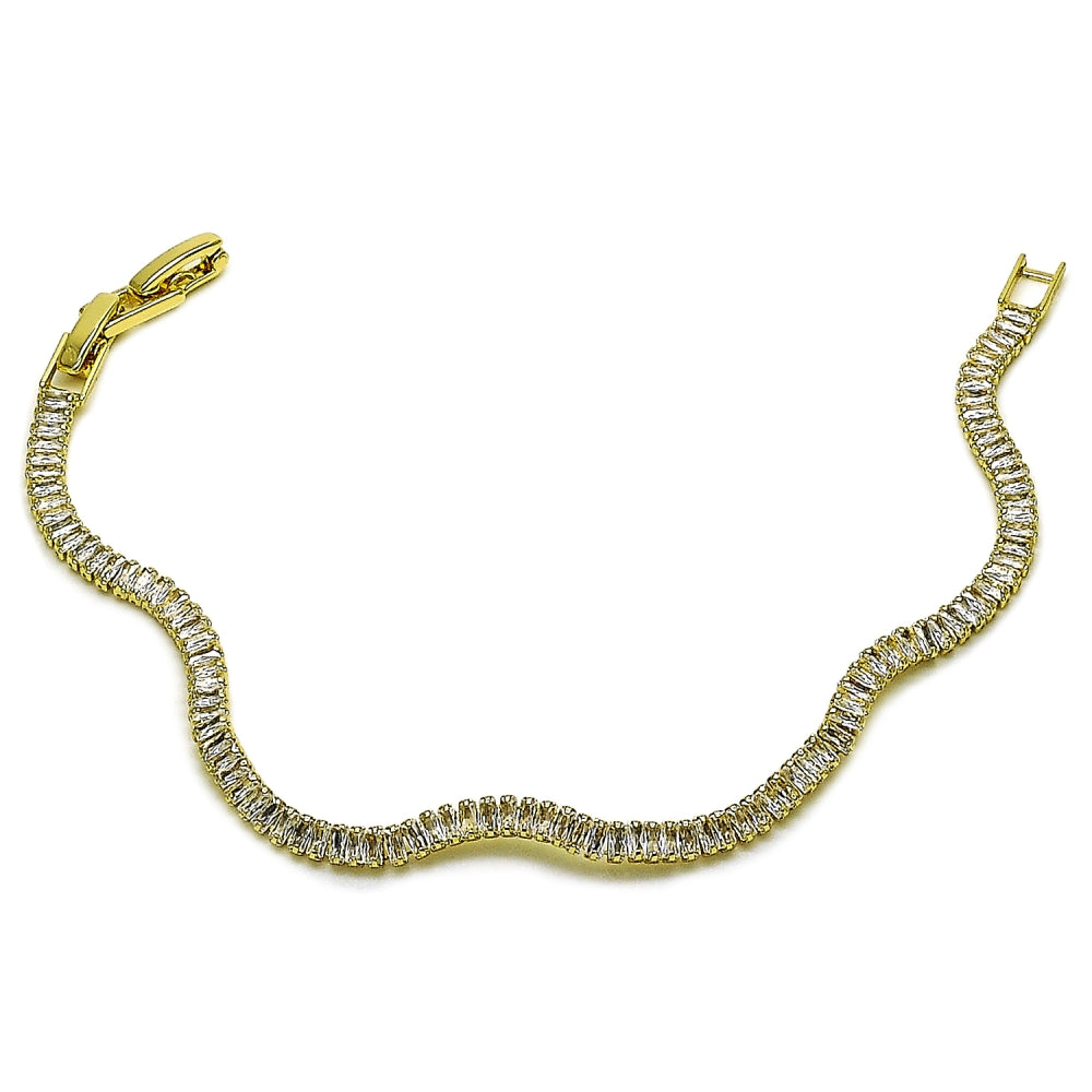 Oro Laminado Tennis Bracelet, Gold Filled Style Baguette Design, with White Cubic Zirconia, Polished, Golden Finish
