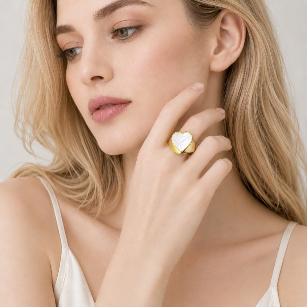 Oro Laminado Multi Stone Ring, Gold Filled Style Heart Design, with Ivory Mother of Pearl, Polished, Golden Finish