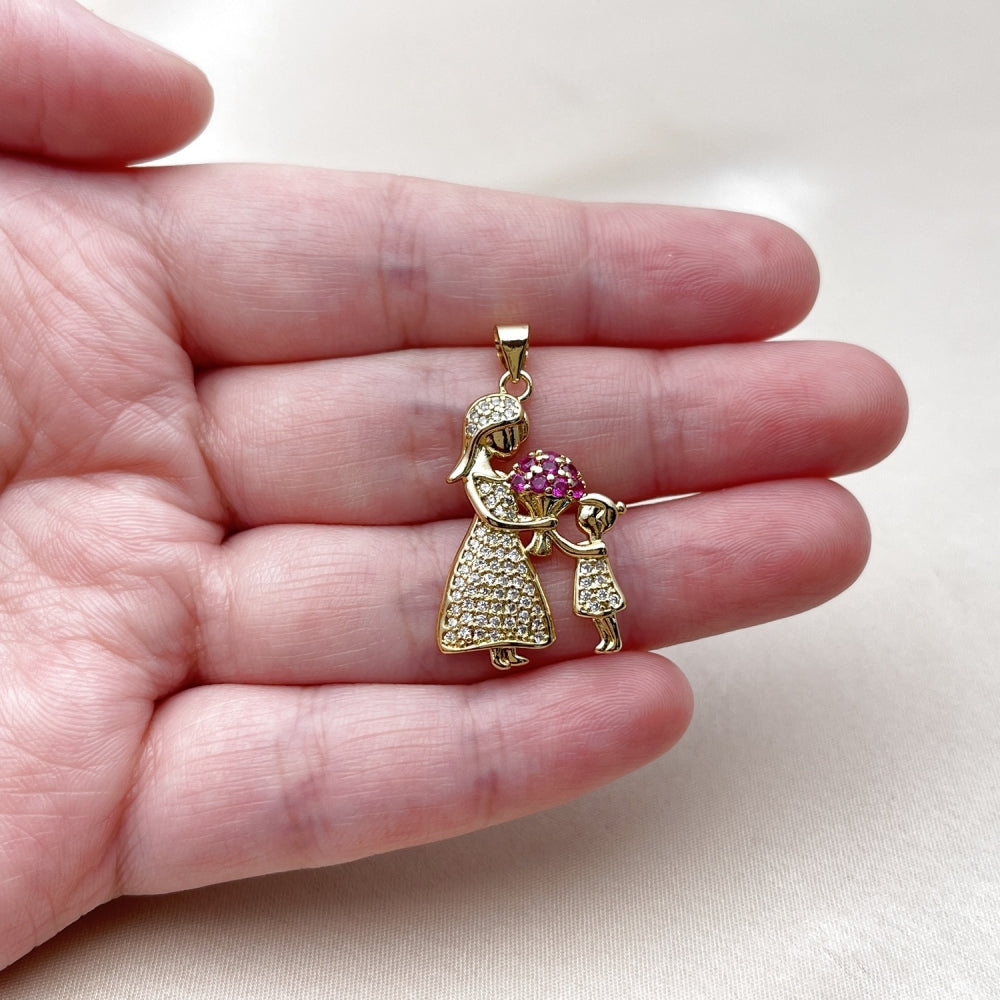 Oro Laminado Fancy Pendant, Gold Filled Style Flower and Little Girl Design, with Ruby Cubic Zirconia and White Micro Pave, Polished, Golden Finish
