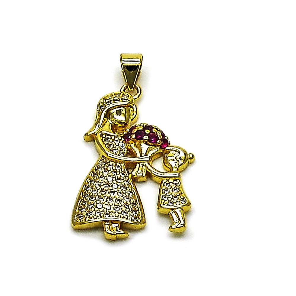 Oro Laminado Fancy Pendant, Gold Filled Style Flower and Little Girl Design, with Ruby Cubic Zirconia and White Micro Pave, Polished, Golden Finish