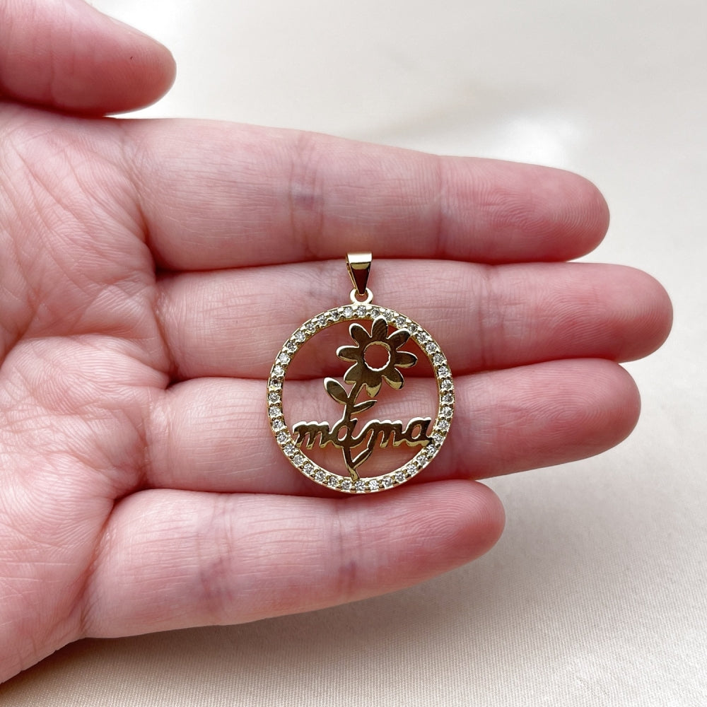 Oro Laminado Fancy Pendant, Gold Filled Style Mom and Flower Design, with White Cubic Zirconia, Polished, Golden Finish