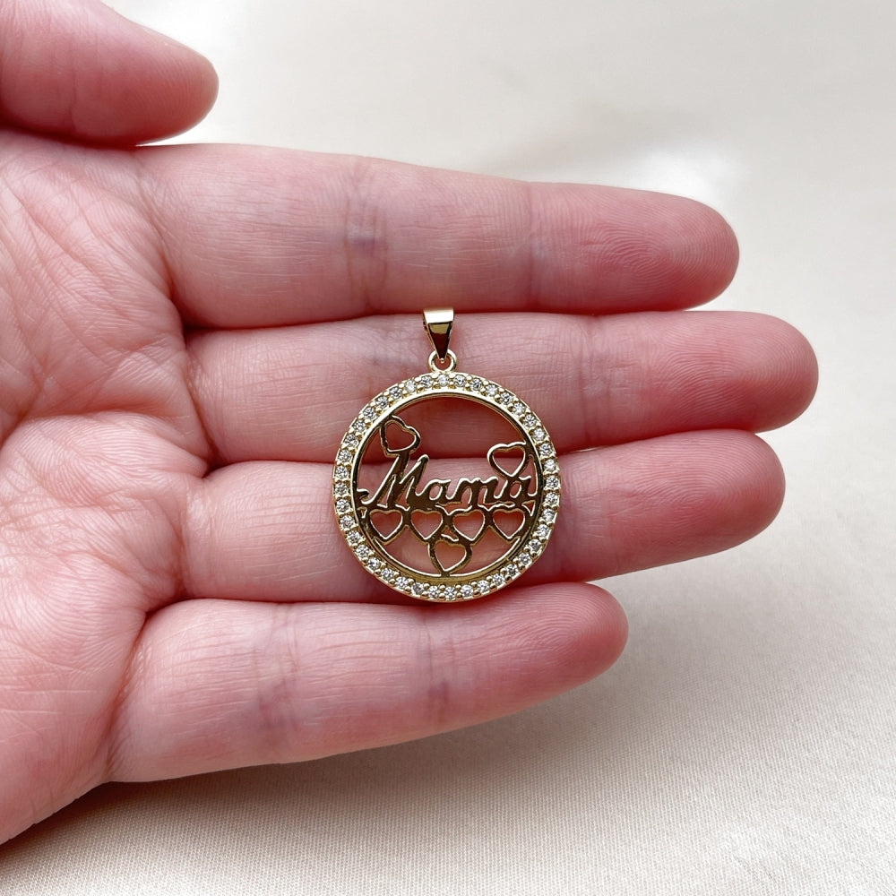 Oro Laminado Fancy Pendant, Gold Filled Style Mom and Heart Design, with White Cubic Zirconia, Polished, Golden Finish