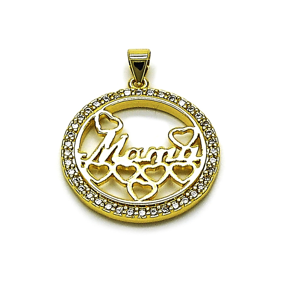 Oro Laminado Fancy Pendant, Gold Filled Style Mom and Heart Design, with White Cubic Zirconia, Polished, Golden Finish