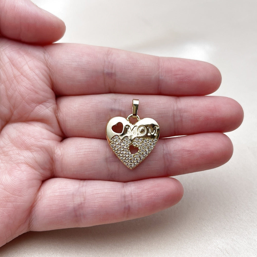 Oro Laminado Fancy Pendant, Gold Filled Style Heart and Mom Design, with White Micro Pave, Polished, Golden Finish