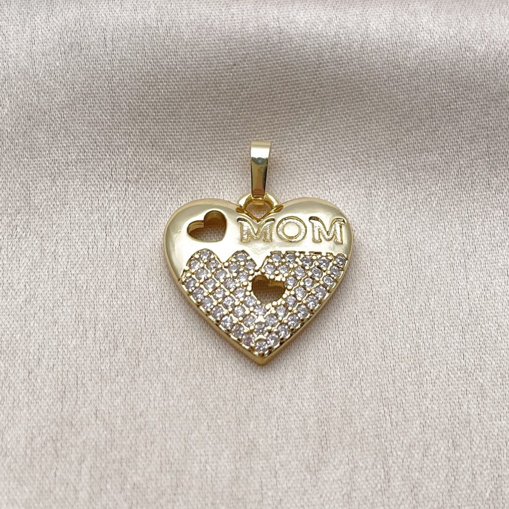 Oro Laminado Fancy Pendant, Gold Filled Style Heart and Mom Design, with White Micro Pave, Polished, Golden Finish