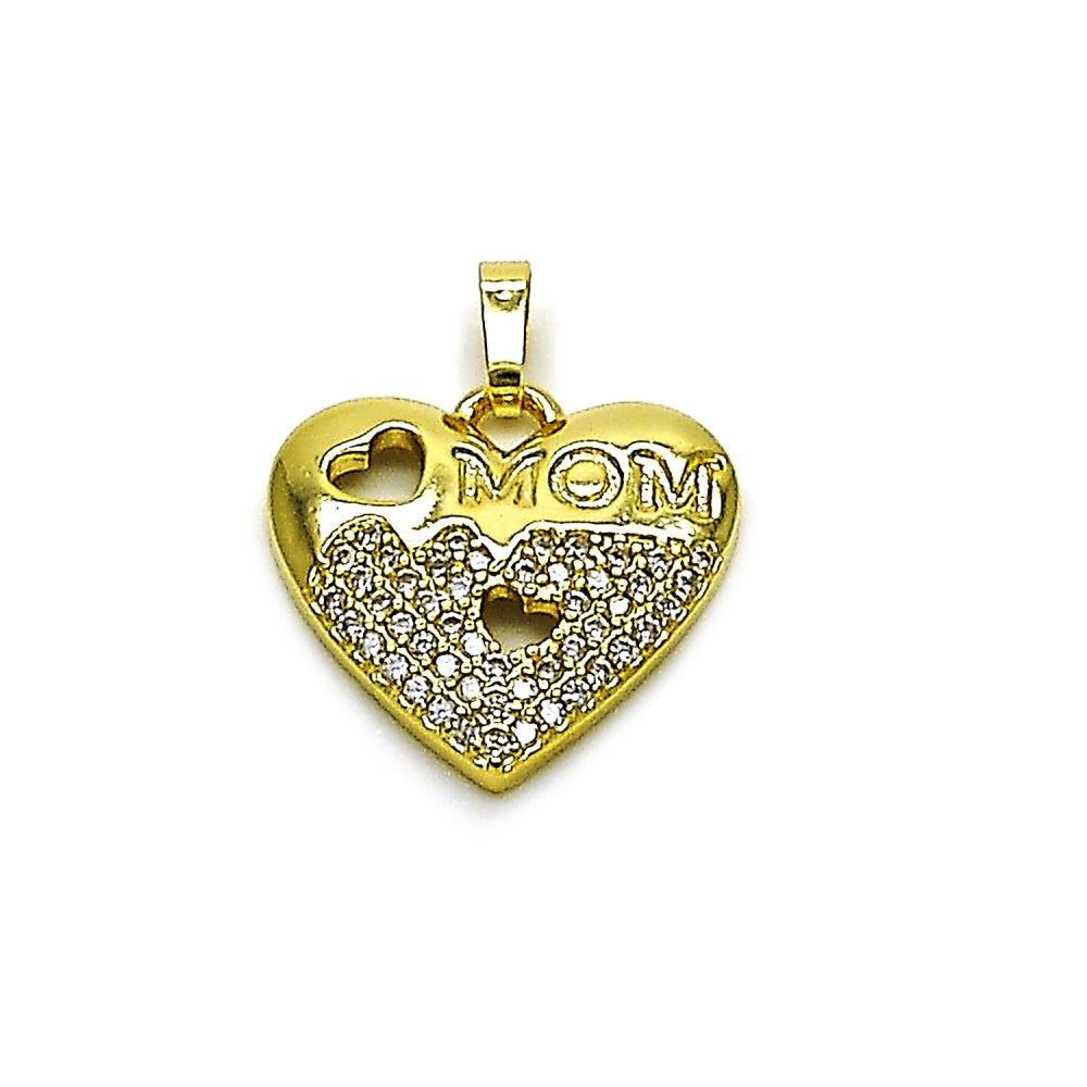 Oro Laminado Fancy Pendant, Gold Filled Style Heart and Mom Design, with White Micro Pave, Polished, Golden Finish