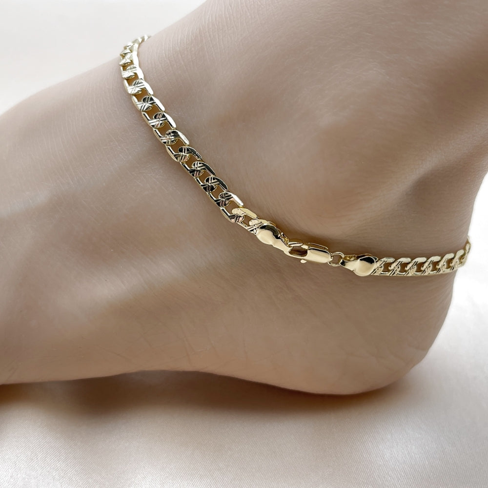 Oro Laminado Basic Anklet, Gold Filled Style Curb Design, Diamond Cutting Finish, Golden Finish