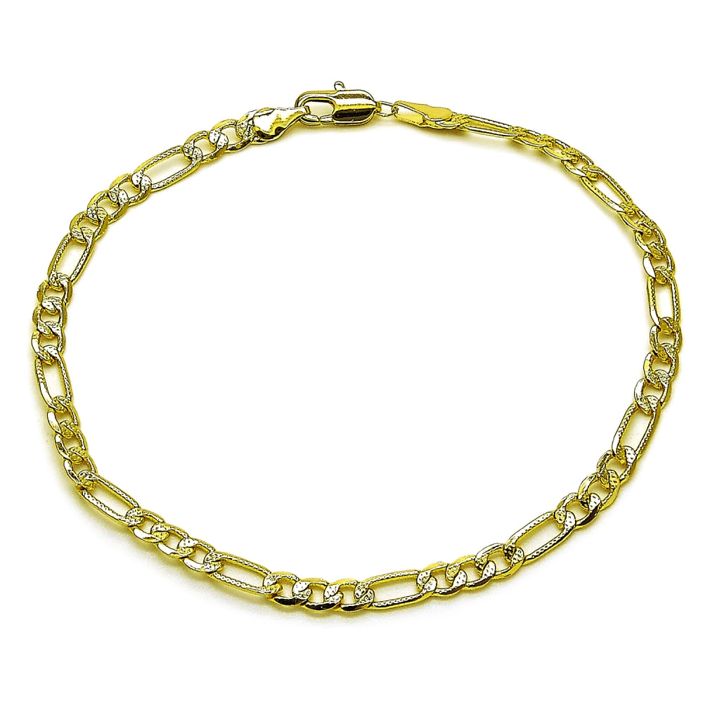 Oro Laminado Basic Anklet, Gold Filled Style Figaro Concave Design, Diamond Cutting Finish, Golden Finish