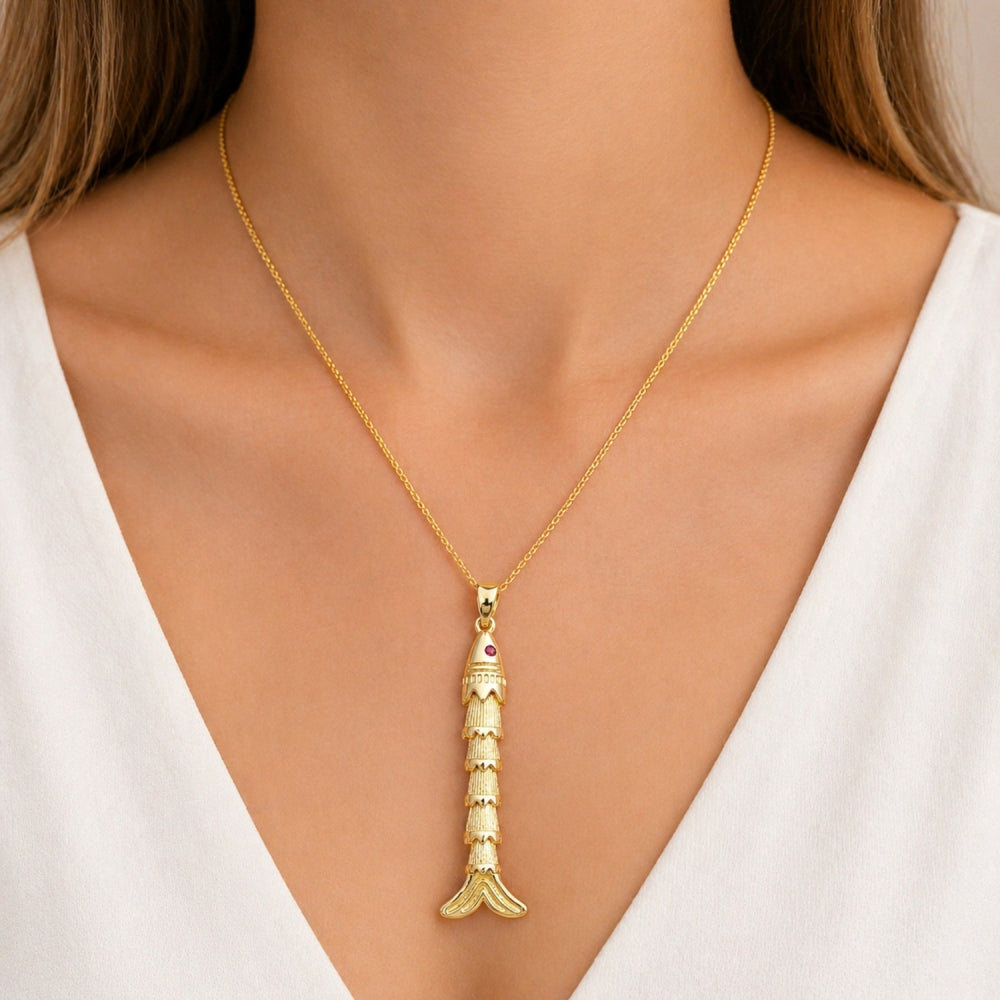 Oro Laminado Fancy Pendant, Gold Filled Style Fish Design, with Ruby Cubic Zirconia, Diamond Cutting Finish, Golden Finish