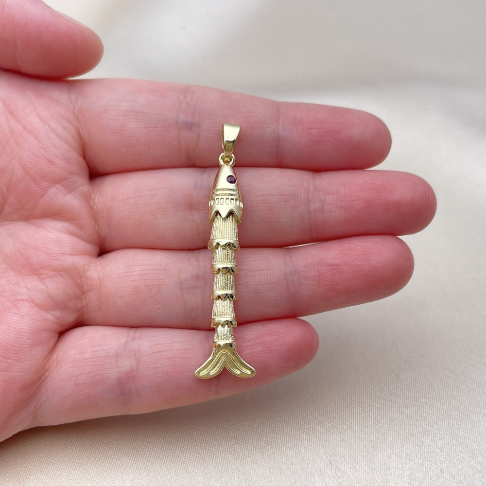 Oro Laminado Fancy Pendant, Gold Filled Style Fish Design, with Ruby Cubic Zirconia, Diamond Cutting Finish, Golden Finish
