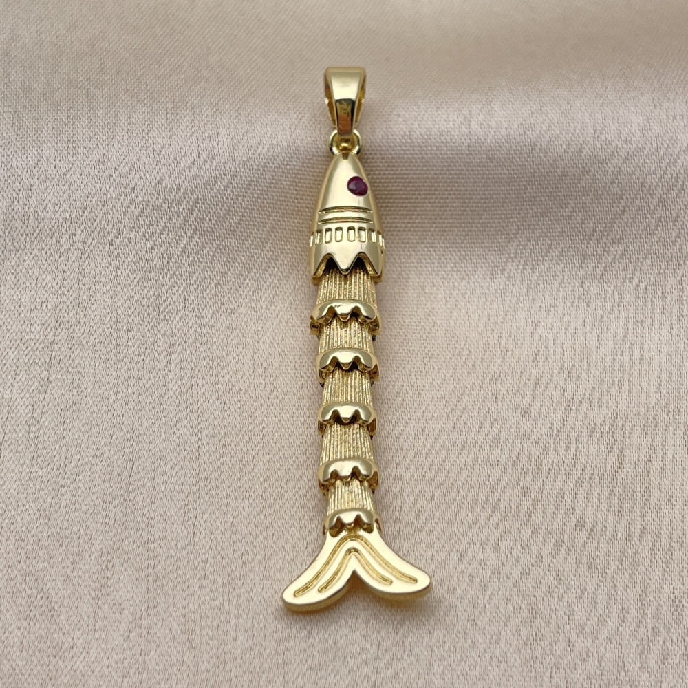 Oro Laminado Fancy Pendant, Gold Filled Style Fish Design, with Ruby Cubic Zirconia, Diamond Cutting Finish, Golden Finish