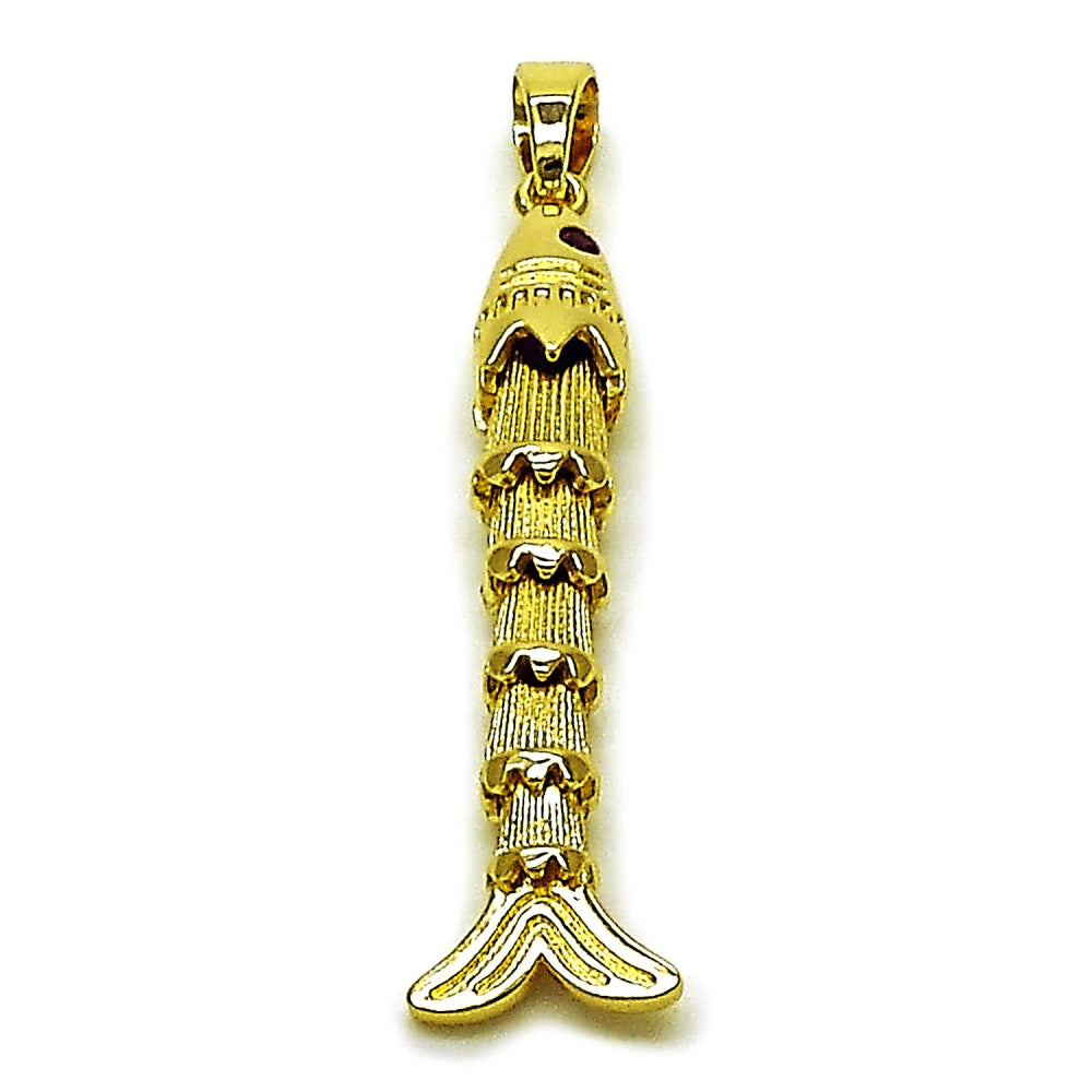 Oro Laminado Fancy Pendant, Gold Filled Style Fish Design, with Ruby Cubic Zirconia, Diamond Cutting Finish, Golden Finish