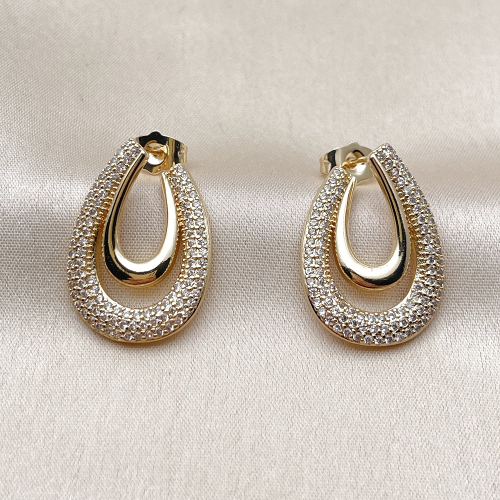 Oro Laminado Stud Earring, Gold Filled Style with White Cubic Zirconia, Polished, Golden Finish