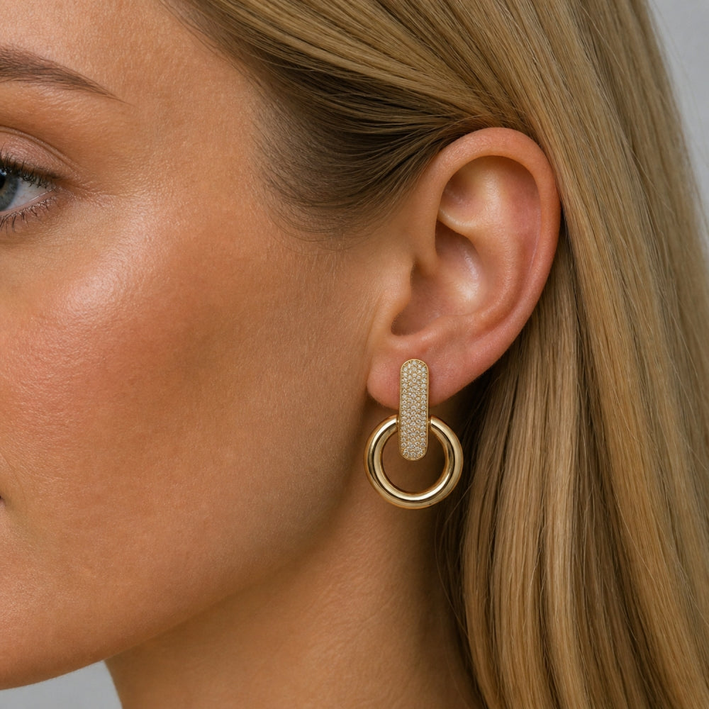 Oro Laminado Stud Earring, Gold Filled Style with White Micro Pave, Polished, Golden Finish
