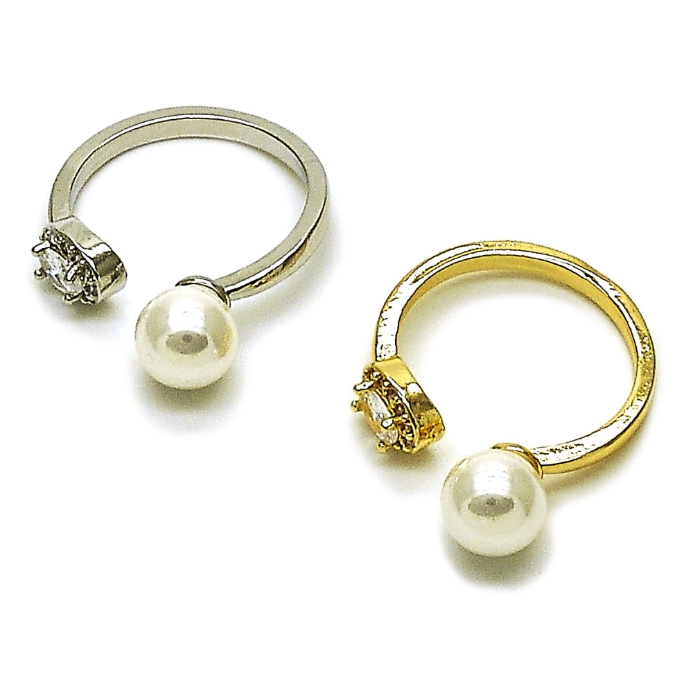 Rhodium Gold Filled Multi Stone Ring, Ball and Cluster Design, with Ivory Pearl and White Cubic Zirconia, Polished, Rhodium Finish