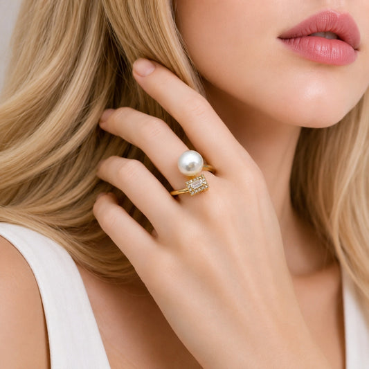 Oro Laminado Multi Stone Ring, Gold Filled Style Ball and Cluster Design, with Ivory Pearl and White Cubic Zirconia, Polished, Golden Finish