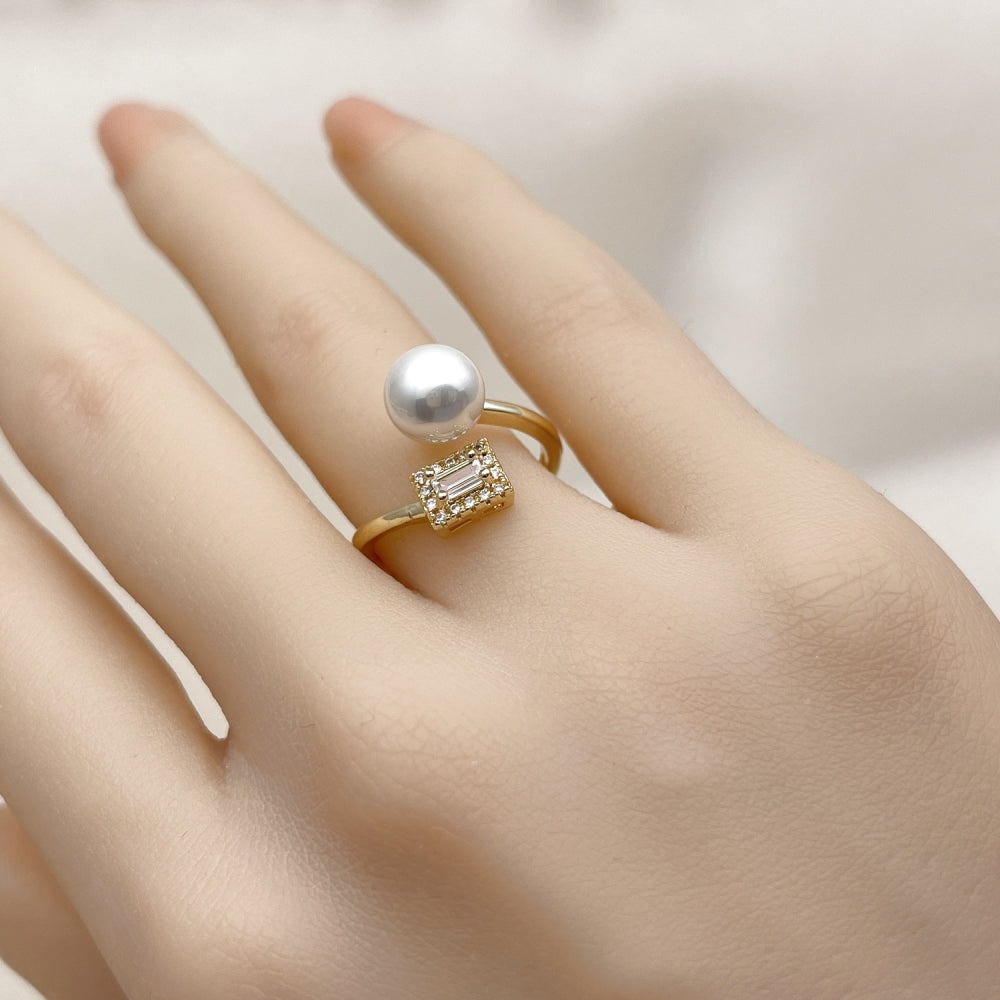 Oro Laminado Multi Stone Ring, Gold Filled Style Ball and Cluster Design, with Ivory Pearl and White Cubic Zirconia, Polished, Golden Finish