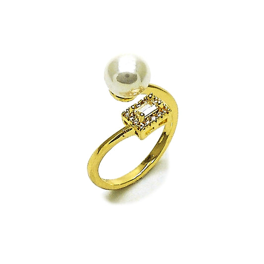 Oro Laminado Multi Stone Ring, Gold Filled Style Ball and Cluster Design, with Ivory Pearl and White Cubic Zirconia, Polished, Golden Finish