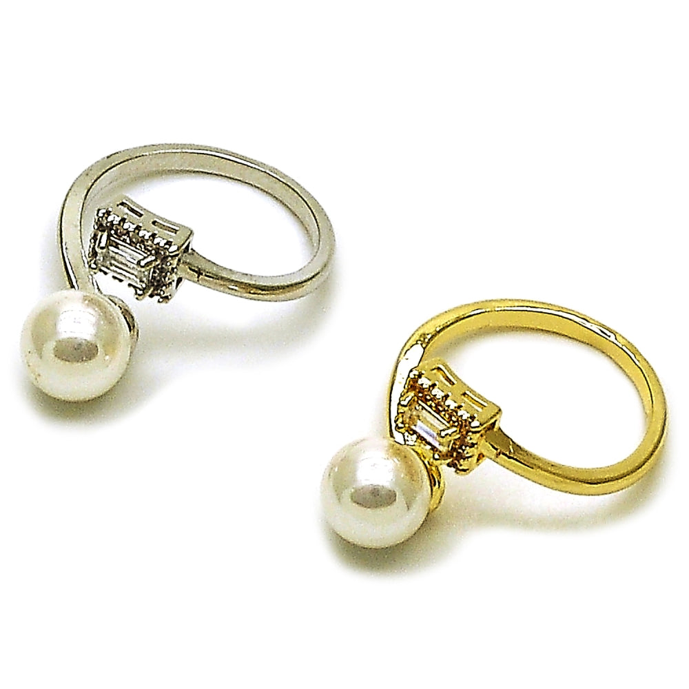 Rhodium Gold Filled Multi Stone Ring, Ball and Cluster Design, with Ivory Pearl and White Cubic Zirconia, Polished, Rhodium Finish