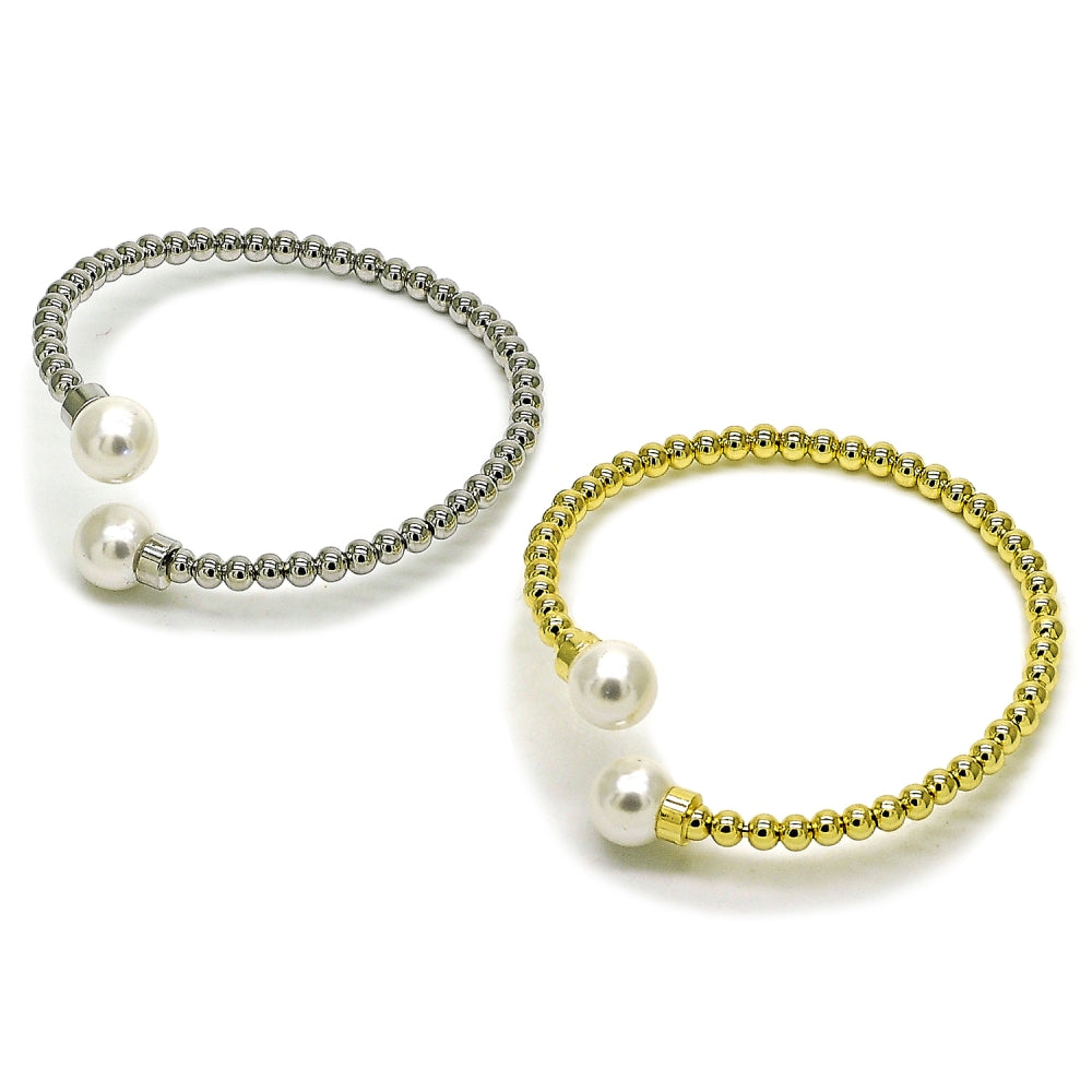 Rhodium Gold Filled Individual Bangle, Ball Design, with Ivory Pearl, Polished, Rhodium Finish