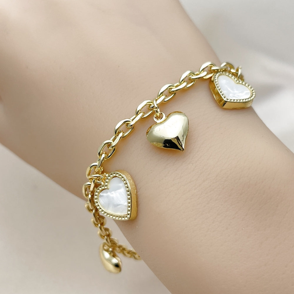 Oro Laminado Fancy Bracelet, Gold Filled Style Heart and Rolo Design, with Ivory Mother of Pearl, Polished, Golden Finish