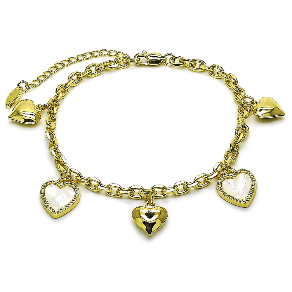 Oro Laminado Fancy Bracelet, Gold Filled Style Heart and Rolo Design, with Ivory Mother of Pearl, Polished, Golden Finish
