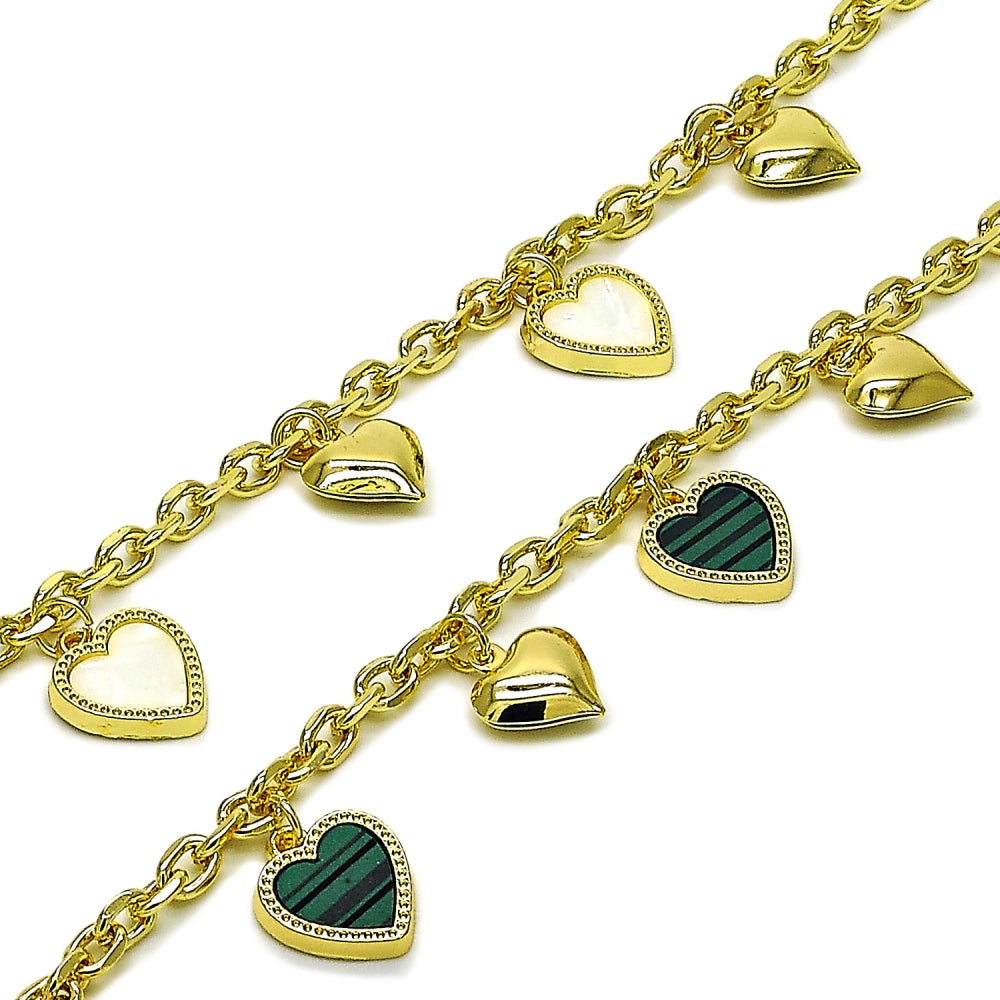 Oro Laminado Fancy Bracelet, Gold Filled Style Heart and Rolo Design, with Ivory Mother of Pearl, Polished, Golden Finish