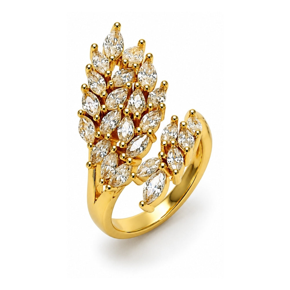 Oro Laminado Multi Stone Ring, Gold Filled Style Leaf Design, with White Cubic Zirconia, Polished, Golden Finish