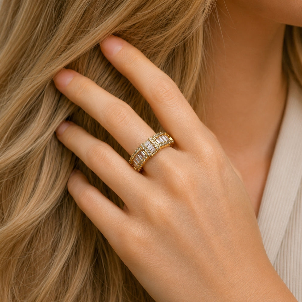 Oro Laminado Multi Stone Ring, Gold Filled Style Baguette and Cluster Design, with White Cubic Zirconia and White Micro Pave, Polished, Golden Finish