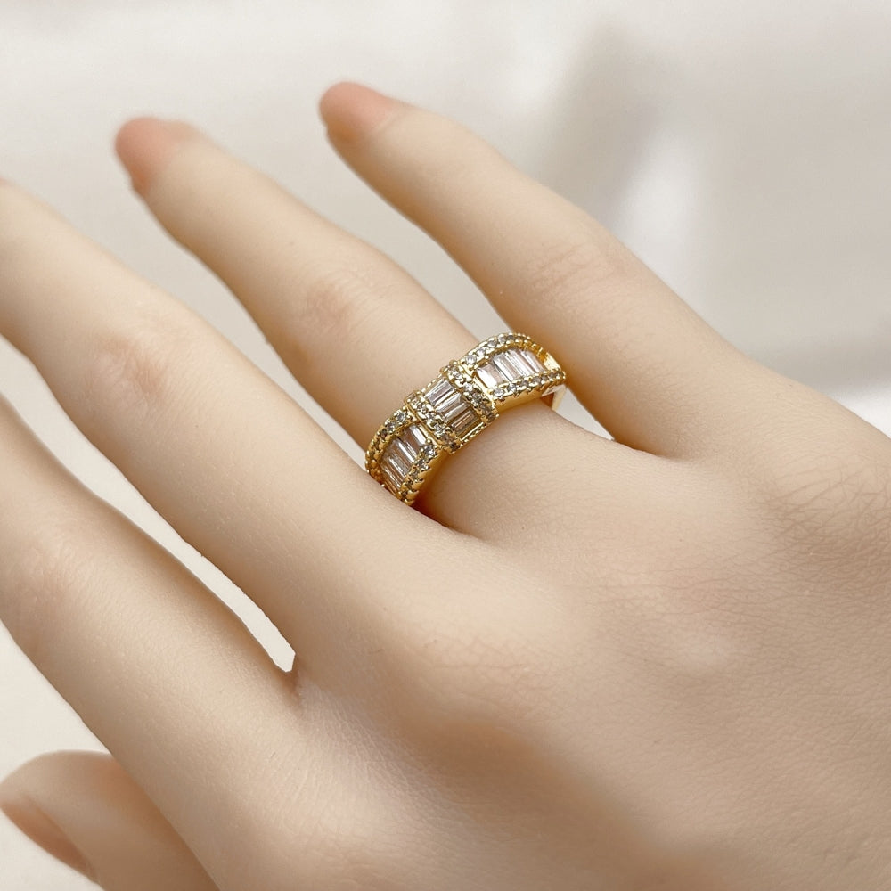 Oro Laminado Multi Stone Ring, Gold Filled Style Baguette and Cluster Design, with White Cubic Zirconia and White Micro Pave, Polished, Golden Finish
