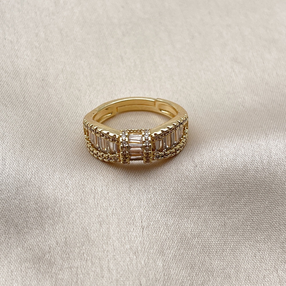 Oro Laminado Multi Stone Ring, Gold Filled Style Baguette and Cluster Design, with White Cubic Zirconia and White Micro Pave, Polished, Golden Finish