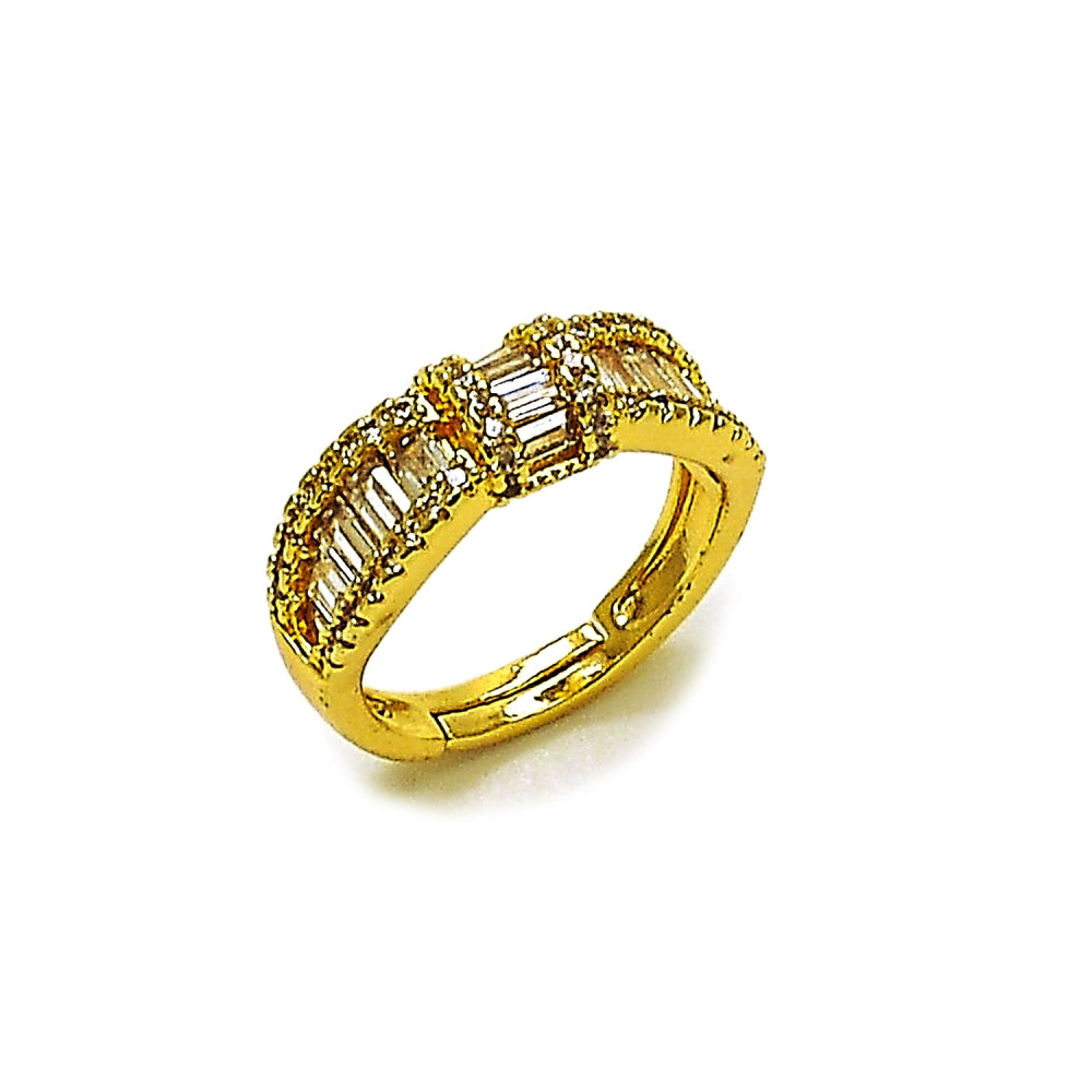 Oro Laminado Multi Stone Ring, Gold Filled Style Baguette and Cluster Design, with White Cubic Zirconia and White Micro Pave, Polished, Golden Finish