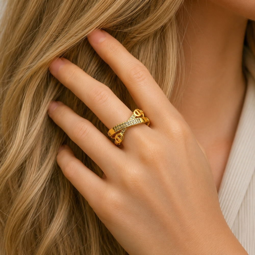 Oro Laminado Multi Stone Ring, Gold Filled Style Mariner Design, with White Micro Pave, Polished, Golden Finish