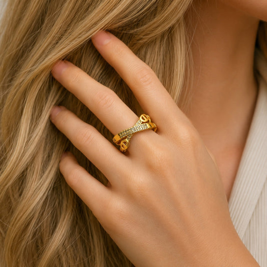 Oro Laminado Multi Stone Ring, Gold Filled Style Mariner Design, with White Micro Pave, Polished, Golden Finish