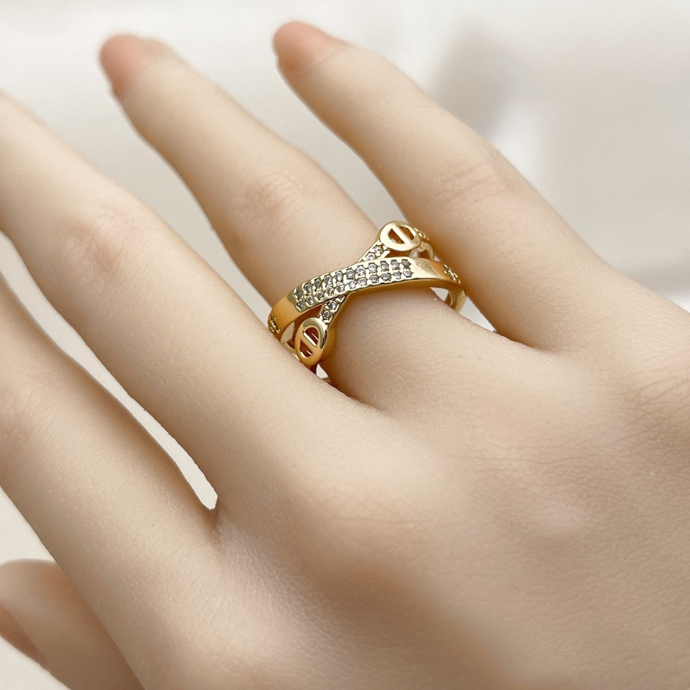 Oro Laminado Multi Stone Ring, Gold Filled Style Mariner Design, with White Micro Pave, Polished, Golden Finish