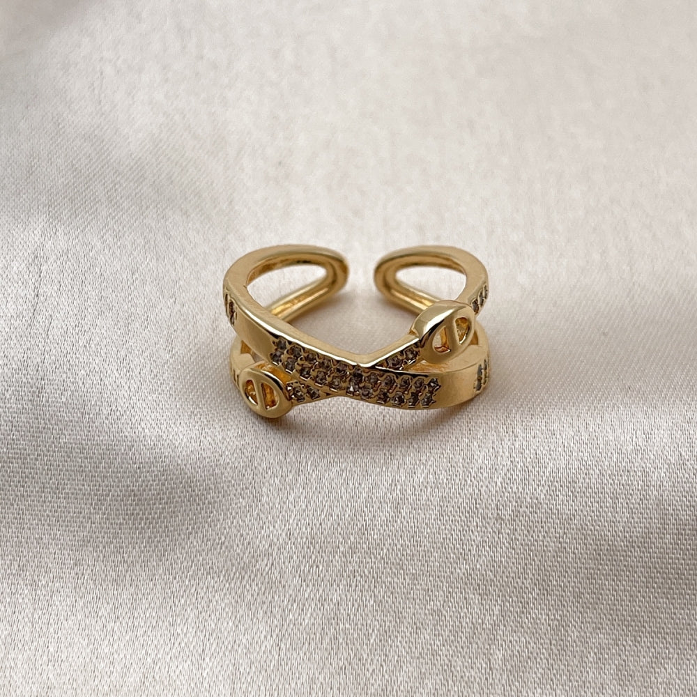 Oro Laminado Multi Stone Ring, Gold Filled Style Mariner Design, with White Micro Pave, Polished, Golden Finish