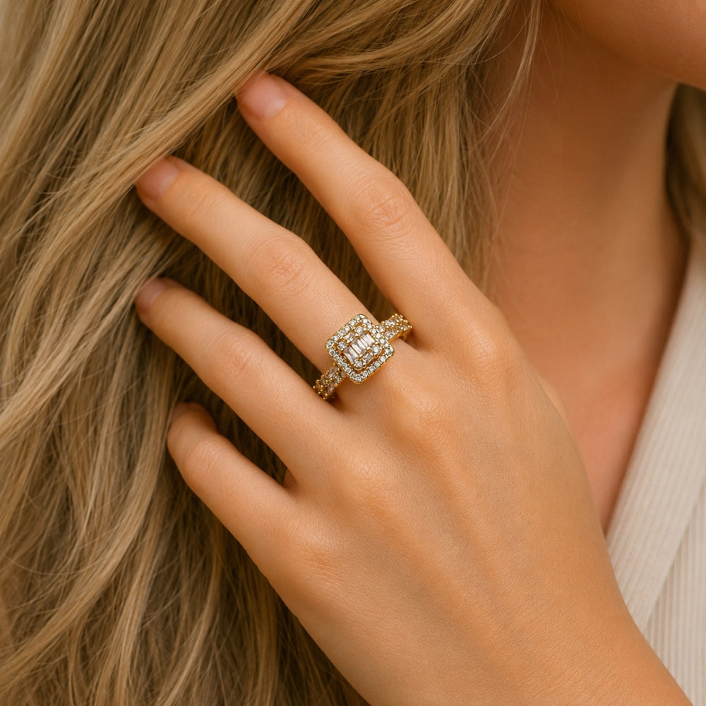 Oro Laminado Multi Stone Ring, Gold Filled Style Baguette and Cluster Design, with White Cubic Zirconia and White Micro Pave, Polished, Golden Finish