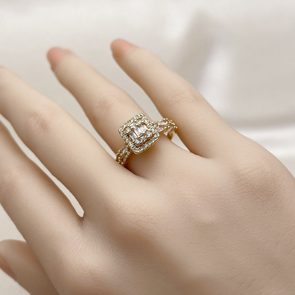 Oro Laminado Multi Stone Ring, Gold Filled Style Baguette and Cluster Design, with White Cubic Zirconia and White Micro Pave, Polished, Golden Finish