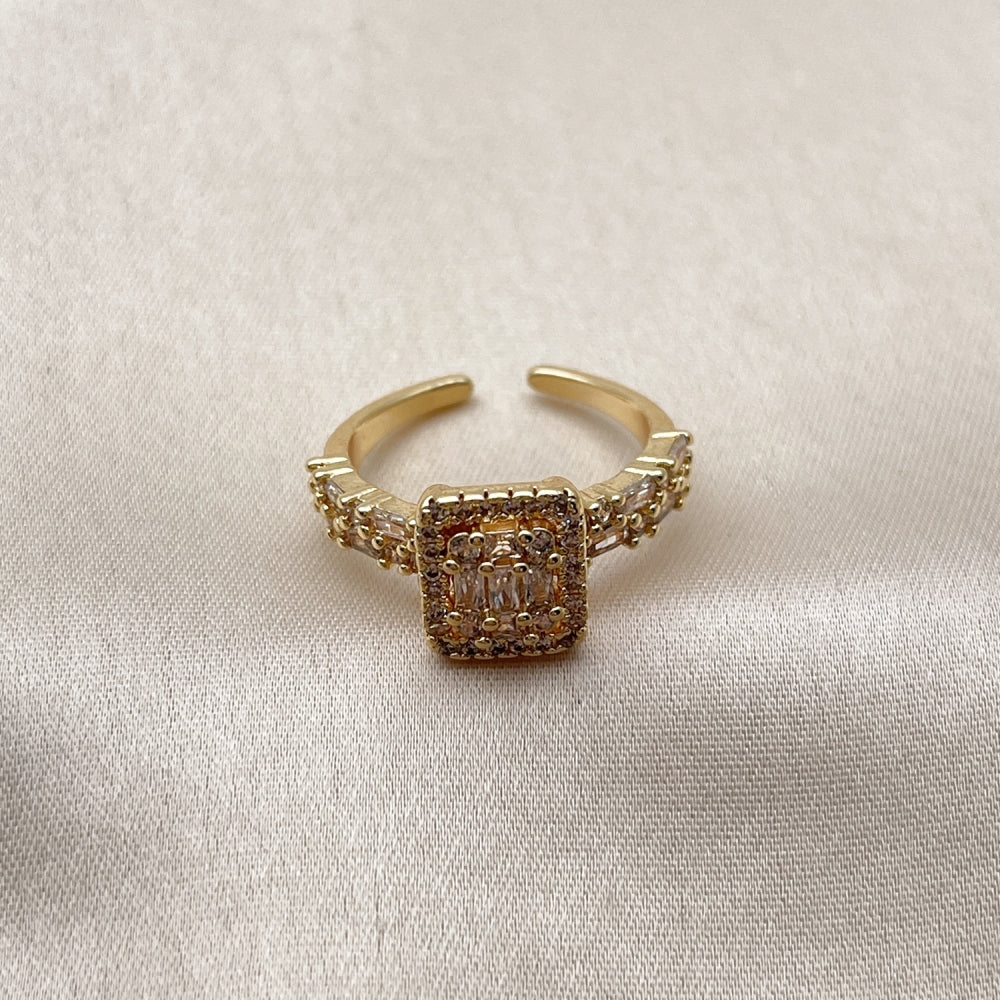 Oro Laminado Multi Stone Ring, Gold Filled Style Baguette and Cluster Design, with White Cubic Zirconia and White Micro Pave, Polished, Golden Finish