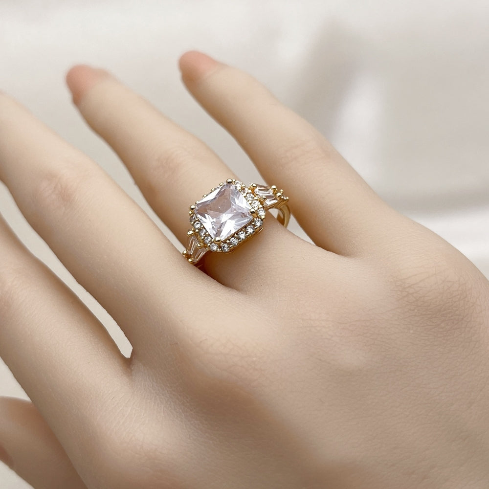 Oro Laminado Multi Stone Ring, Gold Filled Style Cluster and Baguette Design, with White Cubic Zirconia and White Micro Pave, Polished, Golden Finish