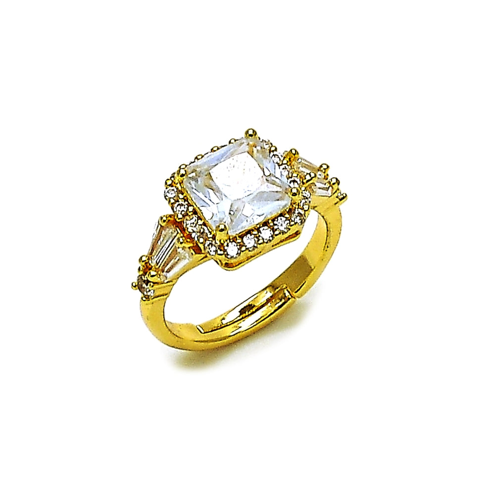 Oro Laminado Multi Stone Ring, Gold Filled Style Cluster and Baguette Design, with White Cubic Zirconia and White Micro Pave, Polished, Golden Finish