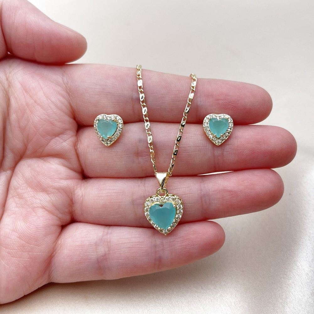 Oro Laminado Earring and Pendant Adult Set, Gold Filled Style Heart and Cluster Design, with Light Turquoise and White Cubic Zirconia, Polished, Golden Finish