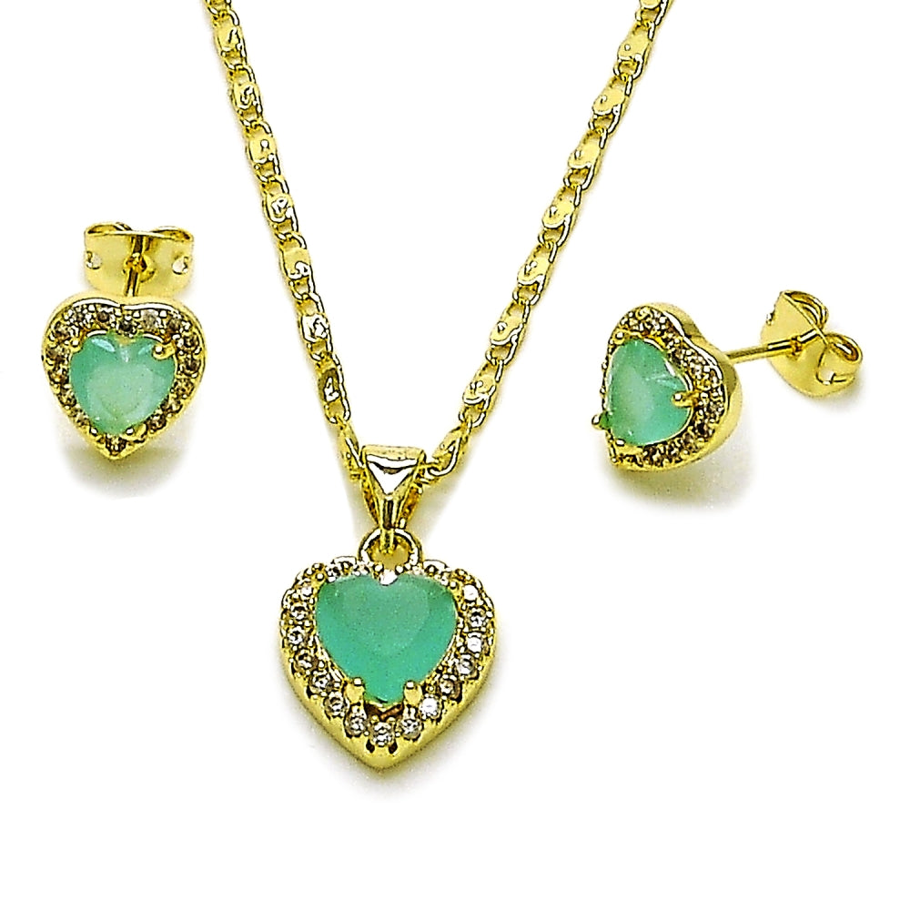 Oro Laminado Earring and Pendant Adult Set, Gold Filled Style Heart and Cluster Design, with Light Turquoise and White Cubic Zirconia, Polished, Golden Finish
