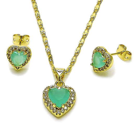 Oro Laminado Earring and Pendant Adult Set, Gold Filled Style Heart and Cluster Design, with Light Turquoise and White Cubic Zirconia, Polished, Golden Finish
