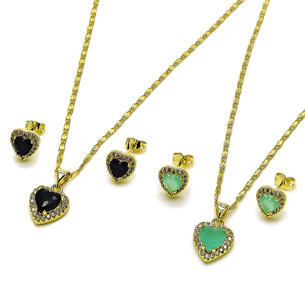 Oro Laminado Earring and Pendant Adult Set, Gold Filled Style Heart and Cluster Design, with Light Turquoise and White Cubic Zirconia, Polished, Golden Finish