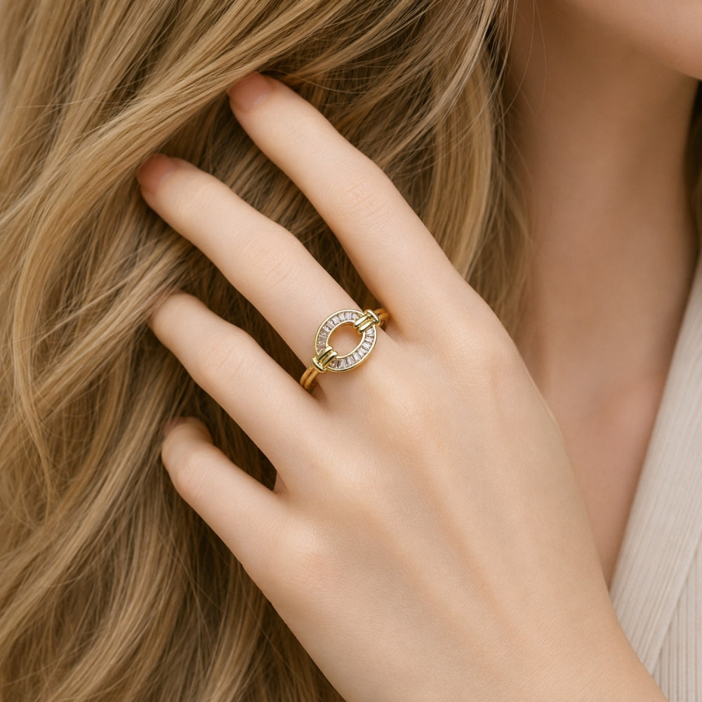 Oro Laminado Multi Stone Ring, Gold Filled Style Baguette and Horseshoe Design, with White Cubic Zirconia, Polished, Golden Finish